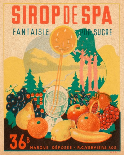Vintage Booze Labels, Sirop da Spa (Plakatkunst, Nostalgie, Werbung, Saft, Obst, Früchte, Sirup, Bistro, Bar, Küche, Wunschgröße, bunt)