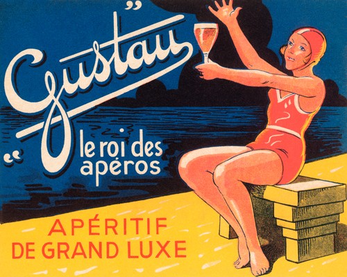 Vintage Booze Labels, Gustau Aperetif (Plakatkunst, Nostalgie, Werbung, Strand, Badenixe, Aperetif, Bistro, Bar, Küche, Wunschgröße, bunt)