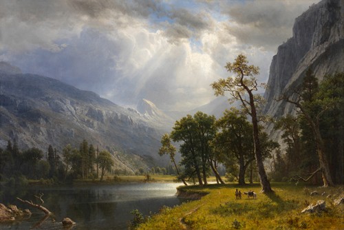 Albert Bierstadt, Yosemite Valley, 1866 (Romantik, Kalifornien, Landschaften, Nationalpark, Bäume, Berge,Fluss, Einsamkeit, Wohnzimmer, Treppenhaus, Wunschgröße, bunt)