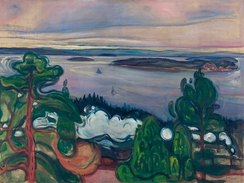 Edvard Munch, Train Smoke 1900 (Landschaft, Bäume, Lok, Dampflok, Qualm, See,  friedlich, Horizont, Klassiker, Expressionismus, Wohnzimmer, Treppenhaus, Wunschgröße, bunt)