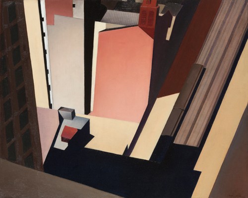Charles Sheeler, Church Street El, 1920 (Gebäude, Architektur, Realismus, American Scene, geometrische Formen, New York, Wohnzimmer, Treppenhaus, Wunschgröße, bunt)