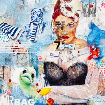 Birgit Lorenz, Queen Airbag (Malerei, Modern, People & Eros, Figurativ, Collage, Frau, Gesicht, Portrait,Corsage, maske, Feier, Arkordeon, Fische,  Phantasie,  Farbfelder, Jugendzimmer, Wohnzimmer, bunt)