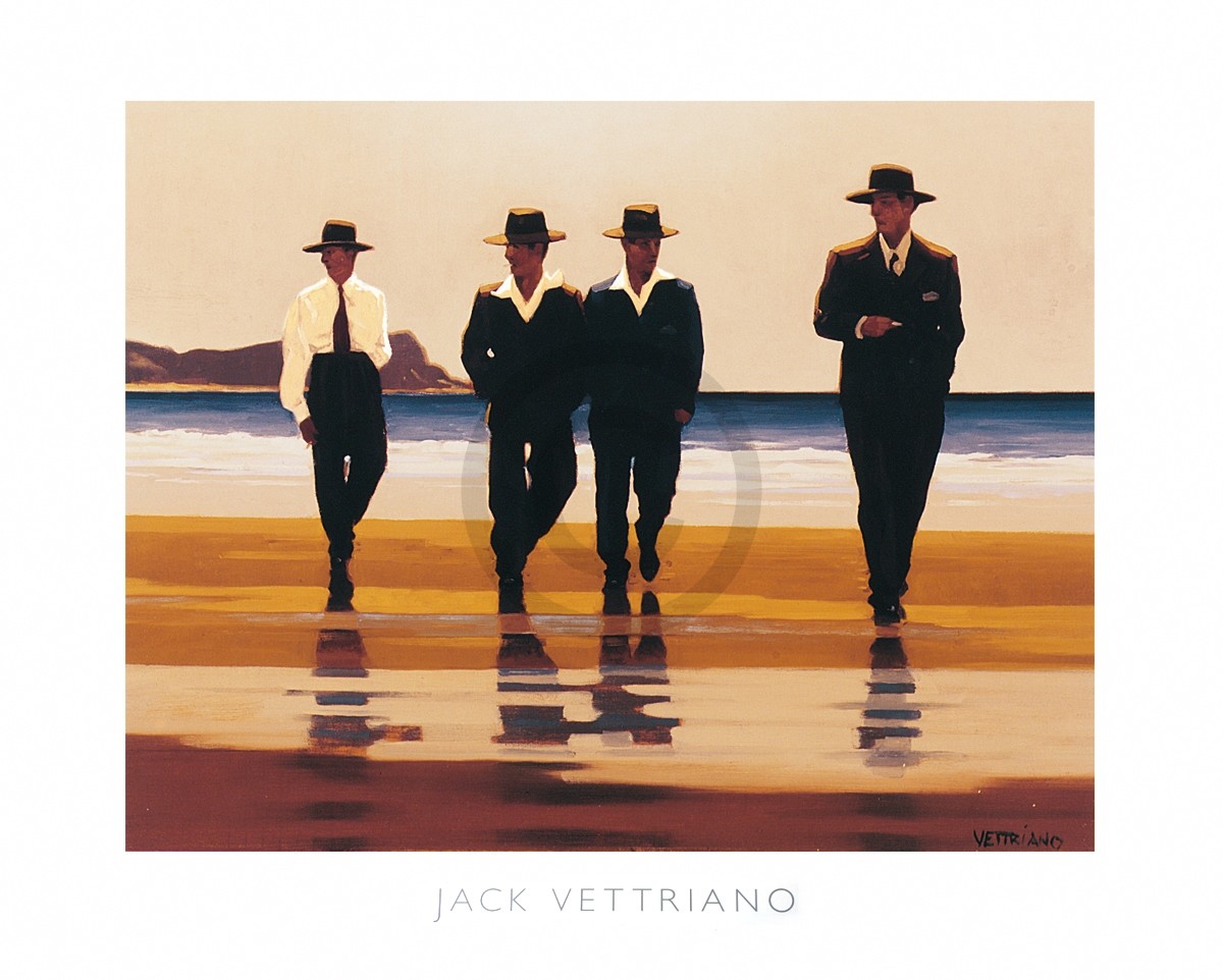 Jack Vettriano, The Billy Boys (People & Eros, Strand, Männer, Hut, Hüte, Anzug, American Scene)