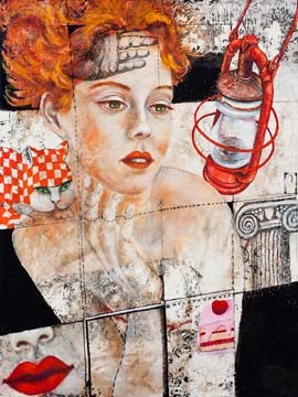 Birgit Lorenz, Süssstoff (Malerei, Modern, People & Eros, Figurativ, Collage, Frau, Gesicht, Portrait, Phantasie, Laterne, ionisches Kapitell, Katze, Jugendzimmer, Wohnzimmer, bunt)