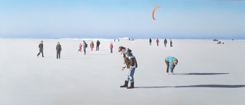 Bernhard  Kock, Wintersonntag am Strand (Meeresbrise, Strand, Kälte, Suchen, Berstein suchen, Windkyten, Menschen, Sonnig, Horizont, Wohnzimmer, Wunschgröße, Malerei, bunt)