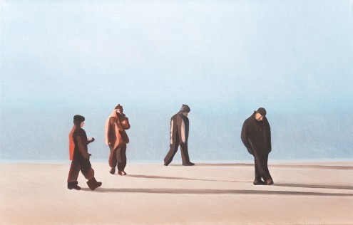 Bernhard  Kock, Strandwanderer im Abendlicht (Meeresbrise, Strand, Kälte, Suchen, Spaziergänger, Menschen, Sonnig, Schatten, Abendszene,  Wohnzimmer, Wunschgröße, Malerei, bunt)