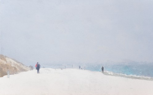 Bernhard  Kock, Winterlicher Ostseestrand (Meeresbrise, Strand, Kälte,  Spaziergänger, Menschen,Dunst, Nebel, Wohnzimmer, Wunschgröße, Malerei, bunt)