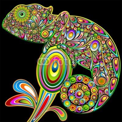 bluedarkat, Chameleon Psychedelic Art Design-Camaleonte Psichedelico-Vector (chamäleon, tier, reptilien, halluzinogen, farb, bunt, camo, mimikry, kunst, design, grafik, list, pop art, strategie, jagen, hunter, räuber, zeichnung, firmenlogo, marke, symbol, symbol, schönheit, traum, kreativ, natur, tier, unkultiviert, tie)