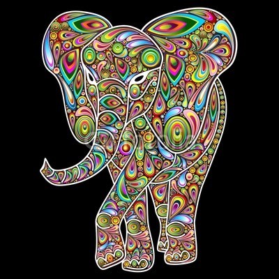 bluedarkat, Elephant Psychedelic Pop Art Design on Black (elefant, pop art, fallen lassen, kreis, afrika, tier, wild animals, afrikanische elefanten, symbol, kräfte, stärke, savanne, rätseln, grafikdesig)