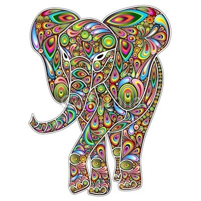 bluedarkat, Elephant Psychedelic Pop Art Design on White (elefant, pop art, fallen lassen, kreis, afrika, tier, wild animals, afrikanische elefanten, symbol, kräfte, stärke, savanne, rätseln, grafikdesig)