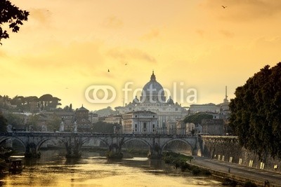 Blickfang, Papspalast Rom (Wunschgröße, Fotografie, Photografie, Stadt, Metropole, Vatikan, Papstpalast, Petersdom, Engelsbrücke, Fluss, Tiber, Panorama, Sonnenlicht, Büro, bunt)