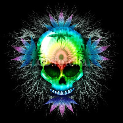 bluedarkat, Marijuana Psychedelic Skull (totenkopf, lightning, cannabis, pflanze, blitz, menschlich, surreal, digitale kunst, tod, tot, halloween, entwerfen, explosion, beängstigend, angst, albtraum, entsetze)