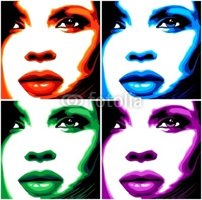 bluedarkat, Viso Donna Pop Art-4 Colori-Stylized Woman Girl's Face -Vector (Wunschgröße, Fotokunst, Modern, Pop Art, Reproduktion, Frau, Portrait, vier Farben, Gesicht, Wohnzimmer, Jugendzimmer, bunt)