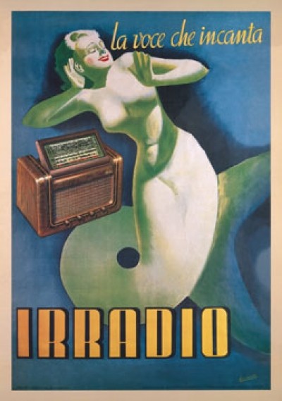 Gino Boccasile, Irradio, 1939 (Plakatkunst, Meerjungfrau,  Werbung, Radio, Retro, Nostalgie, Grafik, Musikzimmer, Wohnzimmer, Treppenhaus, bunt)