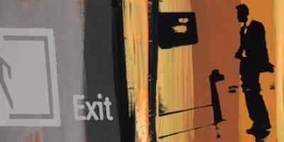 Ralf Bohnenkamp, Stop Over VII (Abstrakte Kunst, Fotokunst, Mann, Business, Ausgang, figurativ,  Schemenhaft, verfremdet, Fotomontage, Büro, Treppenhaus, Wohnzimmer, grau/orange)