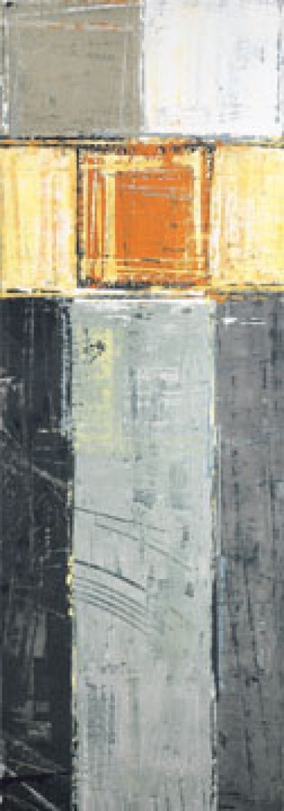 Ralf Bohnenkamp, Triptychon I (Abstrakte Malerei, modern, Farbkomposition, geometrische Formen, Farbfelder, Büro, Treppenhaus, Wohnzimmer,grau / orange)