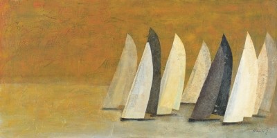 Heinke Böhnert, Afternoon Fun (Segeln, Segelboote, Wassersport, Regatta, abstrakter Hintergrund, zeitgenössische Malerei, , modern, Wohnzimmer, Treppenhaus, Badezimmer, gold/grau)