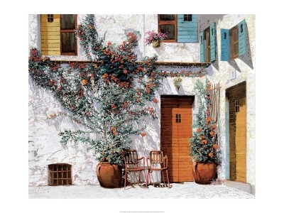 Guido Borelli, Il Cortile Bianco (Innenhof, mediterran, Sommer, Pflanzen, Photorealismus, naturgetreu, Malerei, Wohnzimmer, Treppenhaus, Esszimmer, lichtdurchflutet)