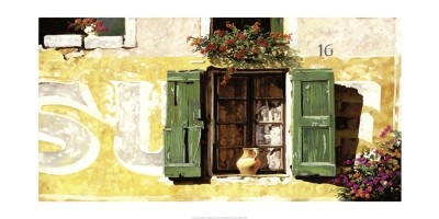 Guido Borelli, La Finestra Di Sue (Fassade, Schlagladen, Fenster, mediterran, Sommer, Pflanzen, Photorealismus, naturgetreu, Malerei, Wohnzimmer, Treppenhaus, Esszimmer, lichtdurchflutet)