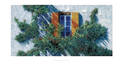 Guido Borelli, La Finestra E Il Rampicante (Fassade, Schlagladen, Fenster, mediterran, Sommer, Pflanzen, Photorealismus, naturgetreu, Malerei, Wohnzimmer, Treppenhaus, Esszimmer, lichtdurchflutet)