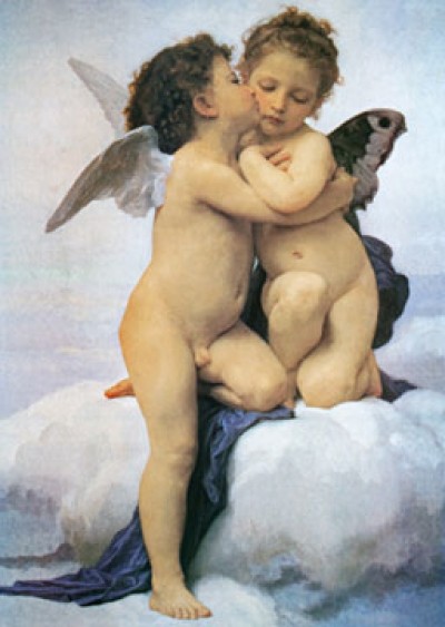 WILLIAM ADOLPHE BOUGUEREAU, First Kiss (Engelchen, Engel, Putten, Erster Kuss, Kuss, Wolke, niedlich, Symbolismus, Klassiker, Wohnzimmer, Schlafzimmer,  Treppenhaus,  Malerei, bunt)