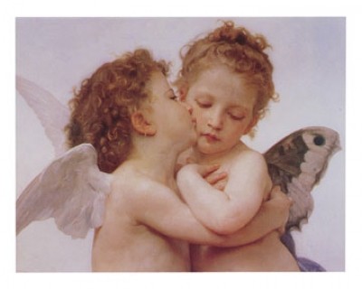 WILLIAM ADOLPHE BOUGUEREAU, The first Kiss (Engelchen, Engel, Putten, Erster Kuss, Kuss, Wolke, niedlich, Symbolismus, Klassiker, Wohnzimmer, Schlafzimmer,  Treppenhaus,  Malerei, bunt)