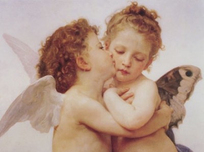 WILLIAM ADOLPHE BOUGUEREAU, The first Kiss (Engelchen, Engel, Putten, Erster Kuss, Kuss, Wolke, niedlich, Symbolismus, Klassiker, Wohnzimmer, Schlafzimmer,  Treppenhaus,  Malerei, bunt)