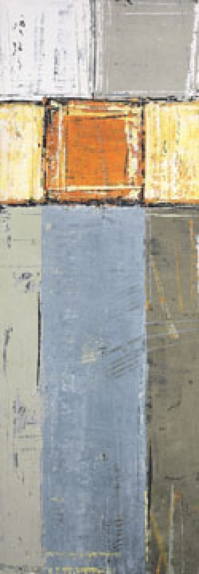 Ralf Bohnenkamp, Triptychon III (Abstrakte Malerei, modern, Farbkomposition, geometrische Formen, Farbfelder, Büro, Treppenhaus, Wohnzimmer,grau / orange)