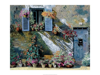 Guido Borelli, Ombre (Innenhof, mediterran, Sommer, Pflanzen, Blumentöpfe, Photorealismus, naturgetreu, Malerei, Wohnzimmer, Treppenhaus, Esszimmer, lichtdurchflutet)