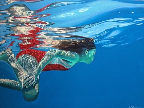 Brigitte Yoshiko Pruchnow, Swimmer Dissolving (Wasser, Schwimmbad, Wassersport, Schwimmerin, Unterwasser, Fotorealismus, Zeitgenössischer Realismus, Wohnzimmer, Wunschgröße)