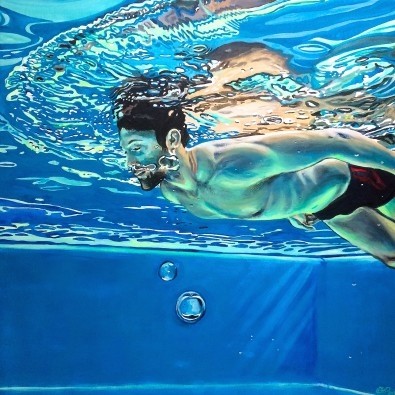 Brigitte Yoshiko Pruchnow, Floating No. 04 (FWasser, Schwimmbad, Wassersport, Schwimmer, Unterwasser, Fotorealismus, Zeitgenössischer Realismus, Wohnzimmer, Wunschgröße)