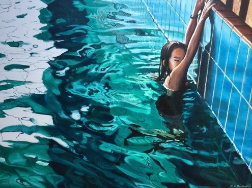Brigitte Yoshiko Pruchnow, Pool 6 (Wasser, Schwimmbad, Wassersport, Schwimmerin, Beckenrand, Fotorealismus, Zeitgenössischer Realismus, Wohnzimmer, Wunschgröße)