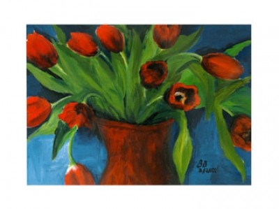 Birgit Brandt, Tulpen in Rot (Stillleben, Blumenstrauß, roteTulpen, Malerei, Wohnzimmer, Treppenhaus, Esszimmer, bunt)