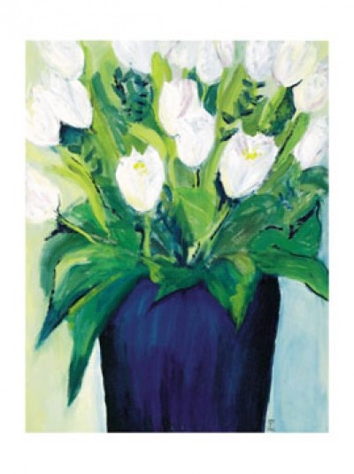 Birgit Brandt, Tulpen (Stillleben, Blumenstrauß, weiße Tulpen, Malerei, Wohnzimmer, Treppenhaus, Esszimmer, bunt)