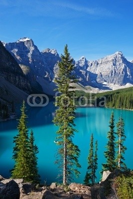 Brenda Carson, Good Morning Moraine Lake (landschaft, see, berg, wasser, banff, park, kanada, morgens, wildnis, natur, schönheit, schön, sommer, sehenswürdigkeit, tourism, canoe, boot, blau, grün, rocky mountains, immergrün, fichte, wald, reisen, küste, fels, bau)