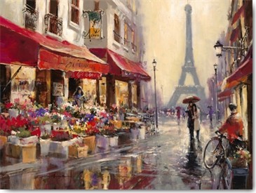 Brent Heighton, April in Paris (Paris, Eiffelturm, Ausblick, Strsße, blumengeschäft, Liebespaar, Radfahrer, Hauptstadt, Regen, Wahrzeichen, dekorativ, Wohnzimmer, Treppenhaus, Wunschgröße, bunt)