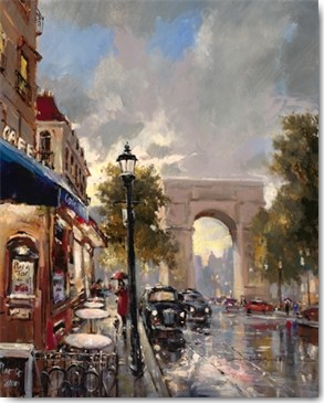 Brent Heighton, Arc de Triomphe Avenue (Paris, Triumphbogen, Champ Elisee, Hauptstadt, Straße, Regen, Wahrzeichen, Straßencafe, dekorativ, Wohnzimmer, Treppenhaus, Wunschgröße, bunt)