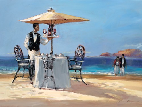 Brent Heighton, On the Beach (Meer,Strand, Bedienung, Kellner, Strandbar, Liebespaar, Champagner, Erwartung, romantisch, dekorativ, Wohnzimmer, Treppenhaus, Wunschgröße, bunt)