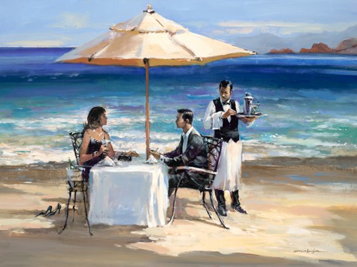 Brent Heighton, Seaside Rendezvous (Meer, Date, Strand, Liebespaar, Bedienung, Kellner, Strandbar, romantisch, dekorativ, Wohnzimmer, Treppenhaus, Wunschgröße, bunt)