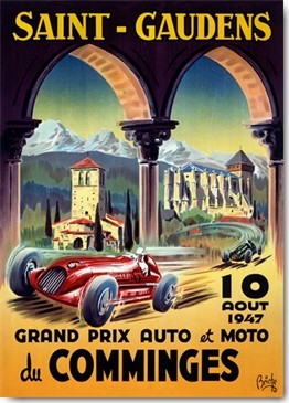 Briche, Saint-Gaudens, Grand Prix du Comminges (Wunschgröße, Plakatkunst, Nostalgie, Autorennen, Grand Prix, 1947, Rennwagen, Frankreich, Berge, Pyrenäen, Treppenhaus, Wohnzimmer, bunt)