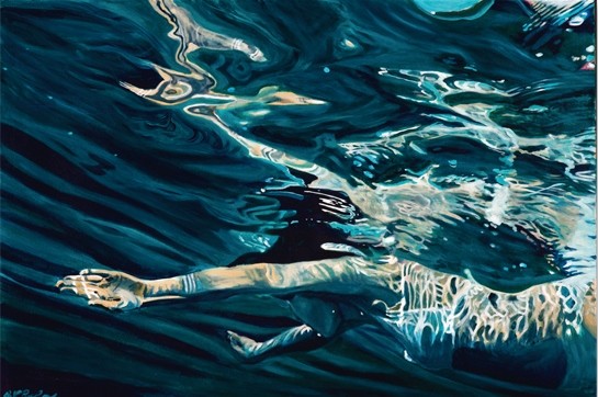 Brigitte Yoshiko, Die grüne Taucherin No. 1 (Schwimmen, Schwimmerin, Wassersport, Sport, Bewegung, Fotokunst, Badezimmer, Treppenhaus, Wunschgröße, blau)
