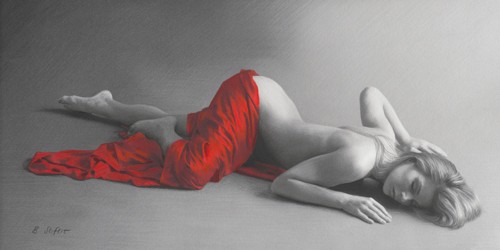 Brita Seifert, Bodyscape II (Aktmalerei, nackte Frau, Erotik, liegender Rückenakt, rotes Tuch, Colourspot, lasziv, Zeichnung, Fotorealismus, Schlafzimmer, Wohnzimmer, Wunschgröße, schwarz/weiß/rot)