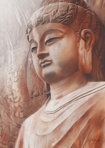 Brita Seifert, Buddha III (Religion, Statue, Buddha, Indien, Zeichnung, Fotorealismus, Schlafzimmer, Wohnzimmer, Wunschgröße, beige)
