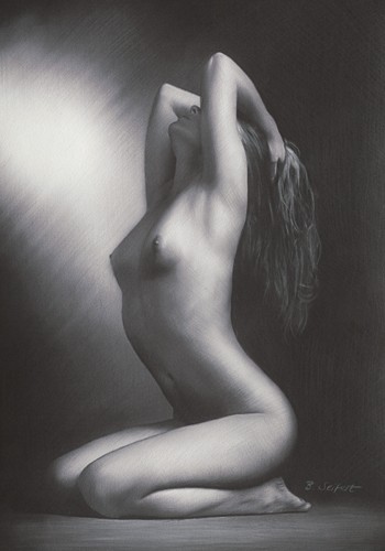 Brita Seifert, Midnight Blue (Aktmalerei, nackte Frau, Erotik, betörend, lasziv, Verführung, Zeichnung, Fotorealismus, Schlafzimmer, Wohnzimmer, Wunschgröße, schwarz/weiß)