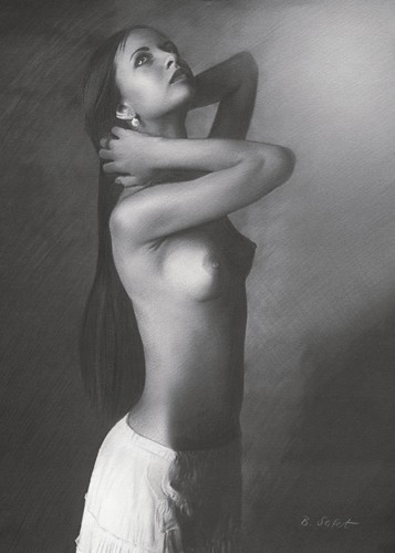 Brita Seifert, Silenzio I (Aktmalerei, nackte Frau, Erotik, betörend, lasziv, Verführung, Zeichnung, Fotorealismus, Schlafzimmer, Wohnzimmer, Wunschgröße, schwarz/weiß)