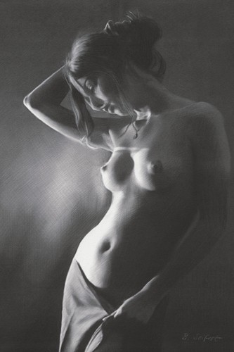 Brita Seifert, Silenzio IV (Aktmalerei, nackte Frau, Erotik, betörend, lasziv, Verführung, Zeichnung, Fotorealismus, Schlafzimmer, Wohnzimmer, Wunschgröße, schwarz/weiß)