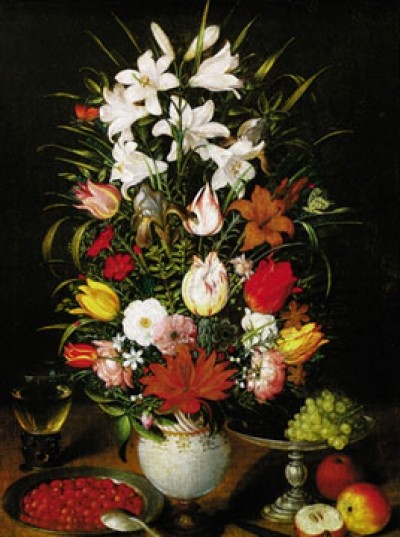 Pieter Brueghel der Jüngere, Vaso ornato di fiori (Stilleben, Bouquet, Blumenvase, Lilien, Gesteck, kunstvoll, edel, Obstteller, Trauben, Treppenhaus, Wohnzimmer, Esszimmer, bunt)