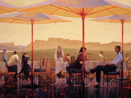 Brent Lynch, Winery Terrace (Malerei, People & Eros, Restaurant, Vinothek, Freizeit, Feierabend, Terrasse, Sonnenuntergang, Aussicht, Sonnenschirm, Bistro, Bar, Gaastronomie, bunt)