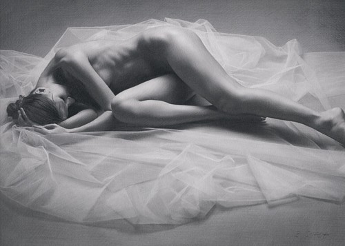 Brita Seifert, Silenzio (Aktmalerei, nackte Frau, liegende Nackte, Erotik, betörend, lasziv, Verführung, Zeichnung, Fotorealismus, Schlafzimmer, Wohnzimmer, Wunschgröße, schwarz/weiß)