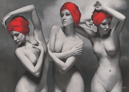 Brita Seifert, The graces (Aktmalerei, nackte Frauen, drei Grazien, Erotik, betörend, lasziv, Verführung, Zeichnung, Fotorealismus, Colourspot, Schlafzimmer, Wohnzimmer, Wunschgröße, schwarz/weiß/rot)